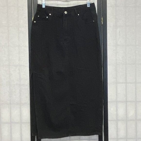 Shein Black Denim Pencil Skirt 6 Midi High Side Slit Stretch Jeans - Picture 2 of 14